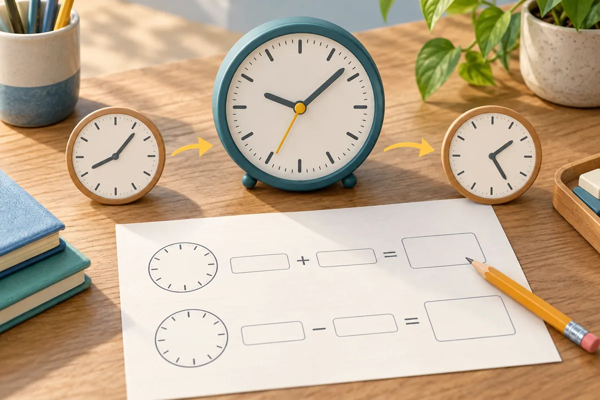 時計と計算用紙で時間の足し算と引き算を考える様子