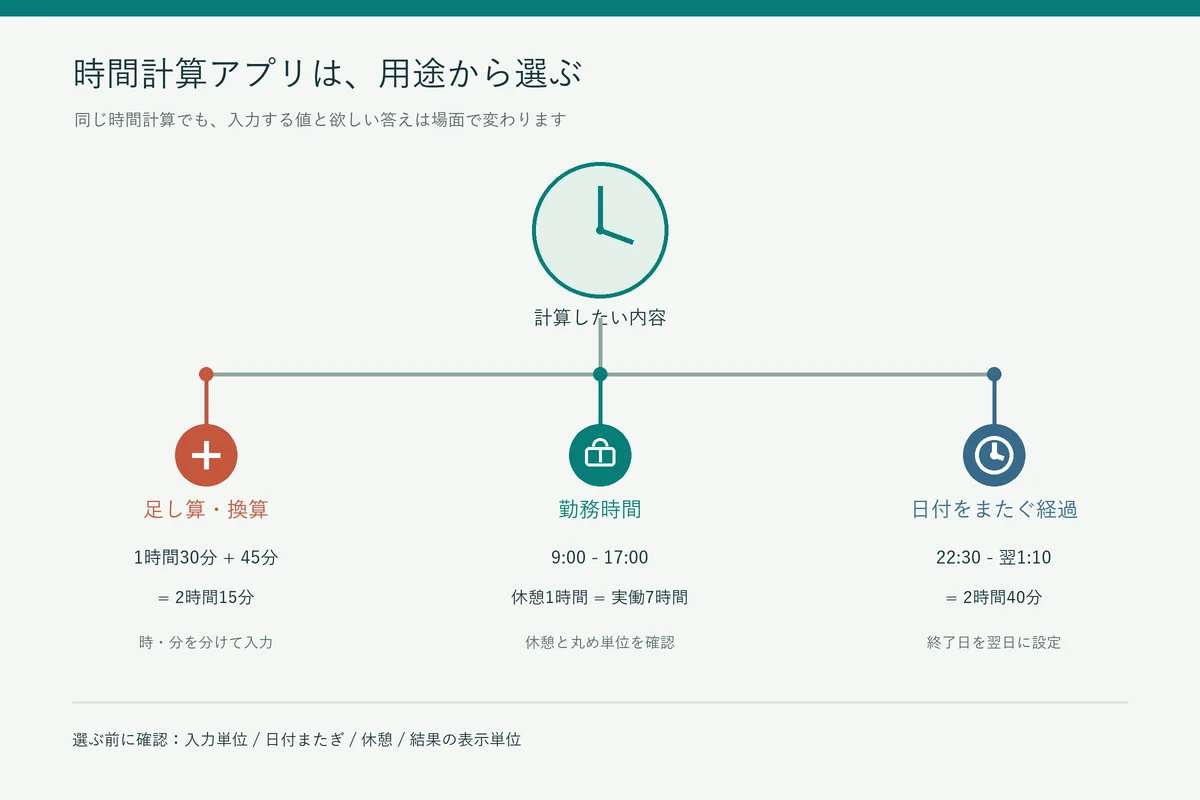 足し算、勤務時間、日付またぎの3つの計算例を並べた時間計算アプリの選び方