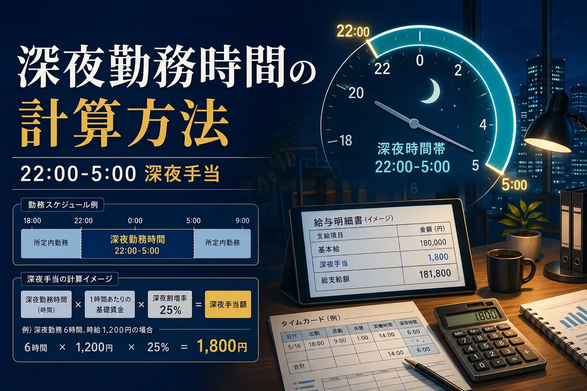 深夜勤務時間の計算方法を示す時計と深夜割増の図