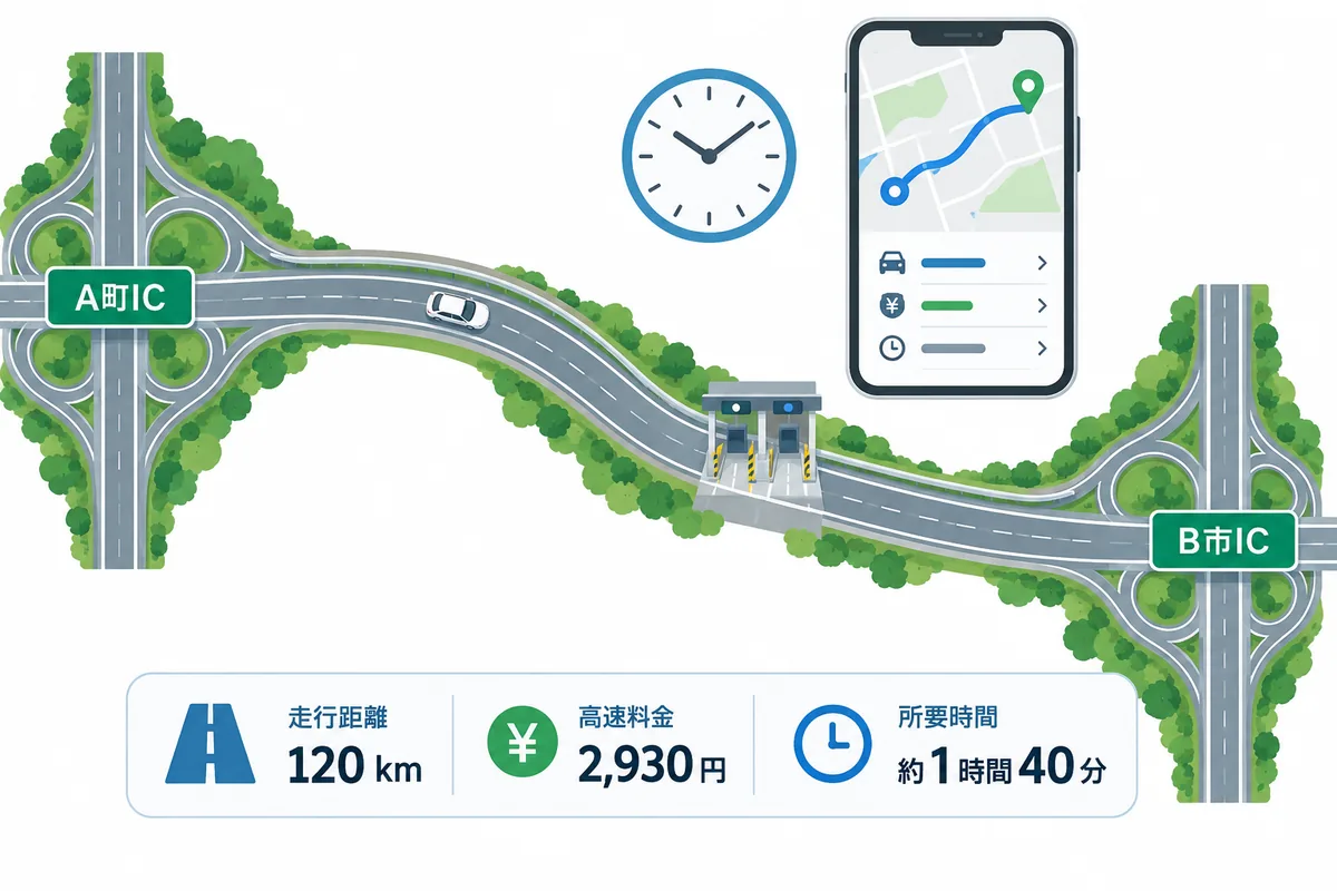 高速道路の出発ICと到着IC、料金、所要時間を確認するルート図